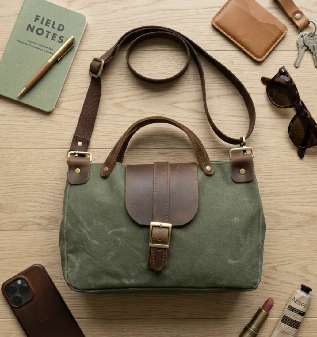 Handgefertigte Damen Tasche aus Crazy Horse Leder & Canvas